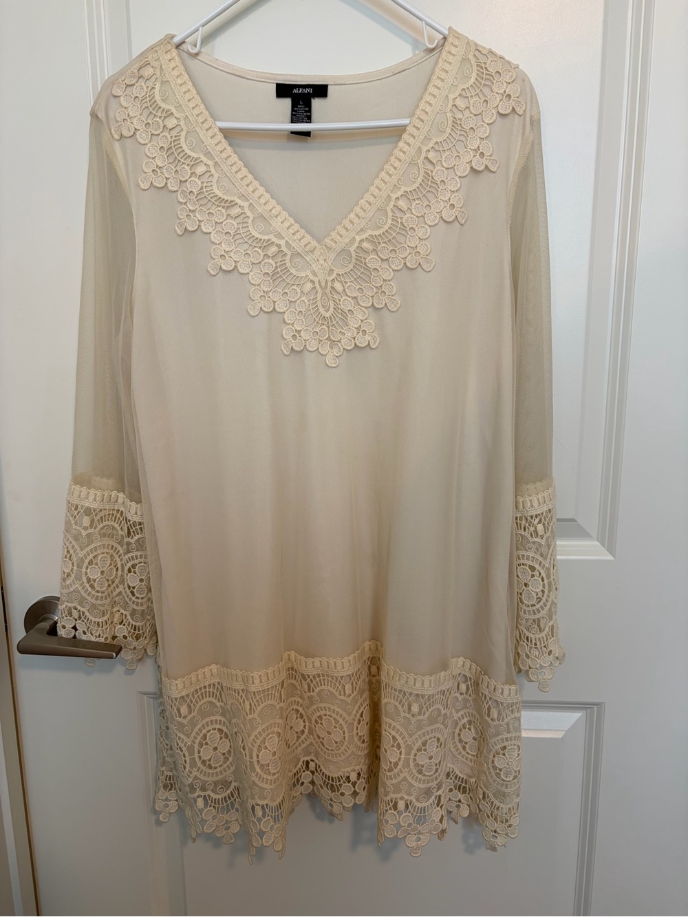 Alfani Cream V-Neck Lace Trim Dress